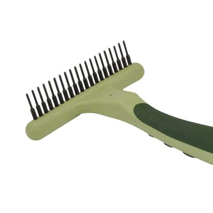 The Safari Undercoat Rake, a specialized grooming tool with precision tapered pins, designed for effectively removing mats and tangles in dogs with undercoats.